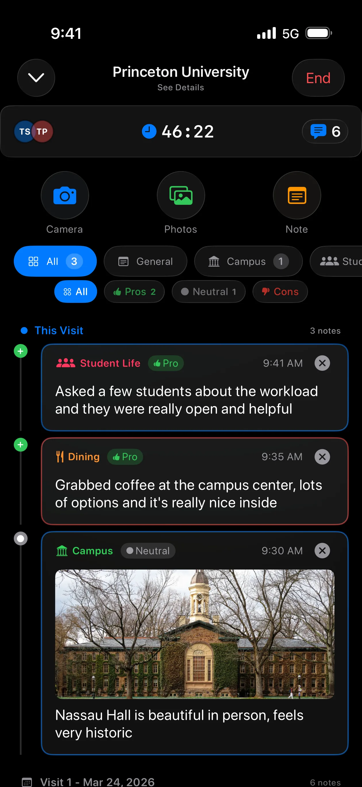 Toured app Live Visit UI showing shared timeline with notes and photos during a college visit